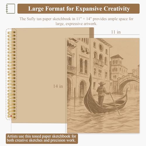SuFly Toned Paper Sketch Book, 11x14 Inches, 60 Sheets - 90lb/150gsm Toned Tan Paper for Mixed Media, Charcoal, Graphite, Colored Pencils & White Gel Pens, 100% Recycled, Wire-O Bound. - color: Toned Tan, size: 11-x-14-inch:1 Pack
