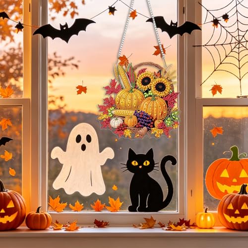 CEOVR Fumpkin Hanging Diamond Art for Adults, Fall Diamond Painting Pendant, DIY Special Shape Gem Art Window Ornament, Acrylic Home Wall Decor with Chain, Box Kit 7.87×7.48inch - color: 5-Pumpkin