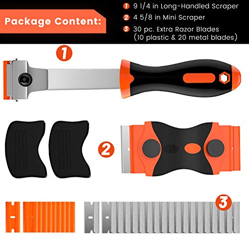 DEKEones Razor Blade Scraper, 2 PCS Razor Scraper Tool for Removing Label, Registration Sticker, Tint, Grease from Windshield, Appliance, Glass (Extra 20 Metal and 10 Plastic Blades) - color: Orange-2pcs