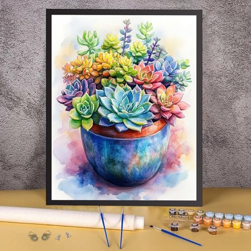 RICUVED Succulent Paint by Numbers for Adults, Paint by Numbers Kit for Adults Beginners, Potted Plant DIY Acrylic Oil Painting on Canvas Easy for Gift Home Wall Decor 16x20 Inch - color: SO025