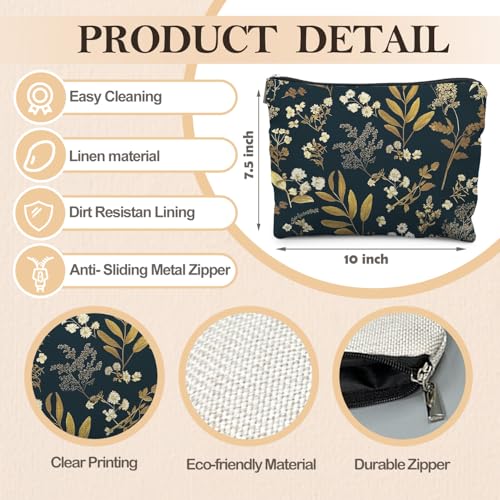Vintage Boho Floral Makeup Bag, Dark Moody Wildflowers Floral Cosmetic Bags for Women, Dark Cottagecore Botanical Plant Zipper Makeup Pouch - color: Flowers and grass
