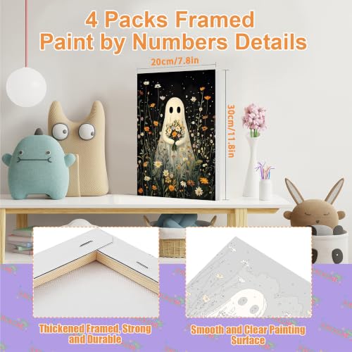 4 Pack Ghost Paint by Numbers for Adults with Framed Canvas - Wooden Easel | Halloween Paint by Number on Canvas, DIY Ghosts Acrylic Oil Painting Kits with Brushes for Home Wall Decor (8x12 inch) - color: BKH1393+BKH2660+BKH2661+BKH2662