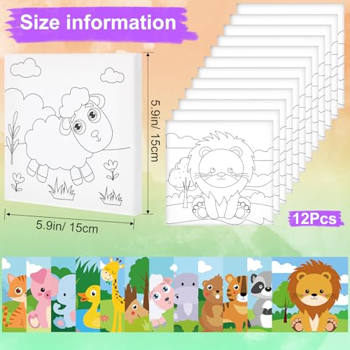 Teling 12 Pcs Pre Drawn Stretched Canvas Kit for Adults Painting Pre Printed Canvas Outline for DIY Painting Party Favor,6 x 6 x 0.6 Inches(Animal) - style: Animal