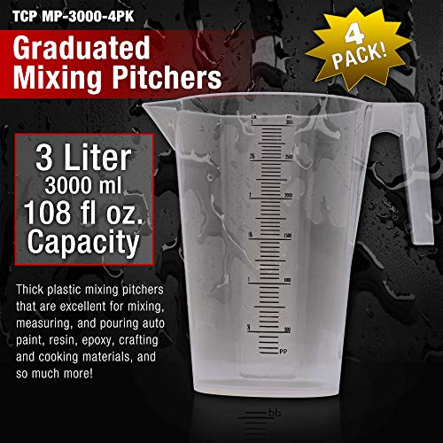TCP Global 3 Liter (3000ml) Plastic Graduated Measuring and Mixing Pitcher (Pack of 4) - Holds 3 Quarts 0.75 Gallon - Pouring Cup, Measure & Mix Paint, Resin, Epoxy, Kitchen Cooking Baking Ingredients - size: 3000ml