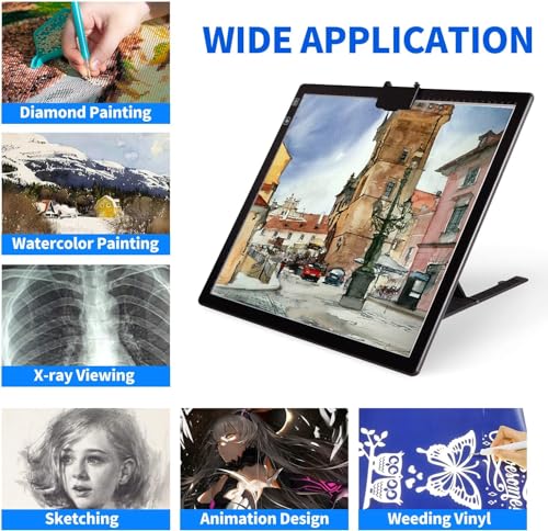 YINGWOND Rechargeable A3 LED Light Pad with Carry Bag, Adjustable Brightness Light Box with 3 Colors, Built-in Stand, 2500mAh Battery, Magnetic Clip, Light Board for Tracing Diamond Painting Sketching - style: Rechargeable-A3 Black+Padded case