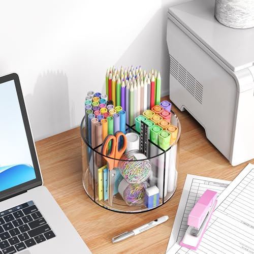 Small Pencil Organizer for Desk Acrylic Art Organizer Clear 4 Compartments | Rotating Art Supply Organizer for Kid, Spinning Marker Caddy Pen Organizer for Desk, Acrylic Pen and Pencil Organizer Storage - size: Medium no handle