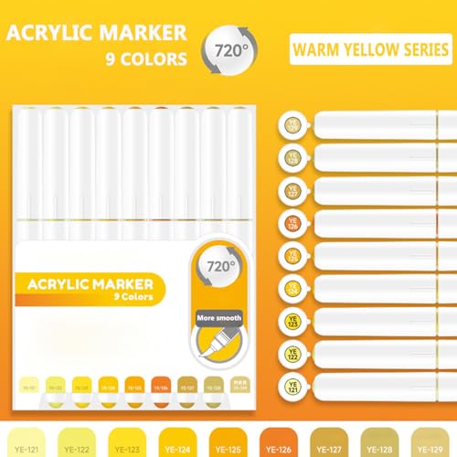 Water Based Acrylic Paint Markers, 9 Colors Paint Pen Set | Warm Yellow Series, Soft Brush Tip, Smooth Writing, Marker Pen for Rock Painting, Egg, Wood, Glass, Mugs, Black Paper - color: Warm Yellow Series