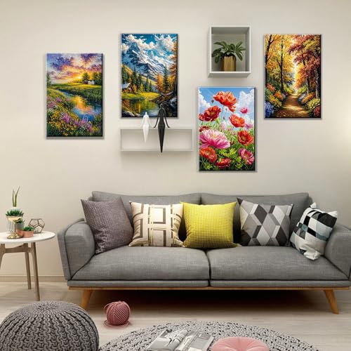 JOOZ 4 Pack Paint by Numbers Kit for Adults with Frame Landscape Paint by Number with Easel DIY Flowers Oil Painting Kits for Home Wall Decor 8x12 Inch - color: Landscape 010