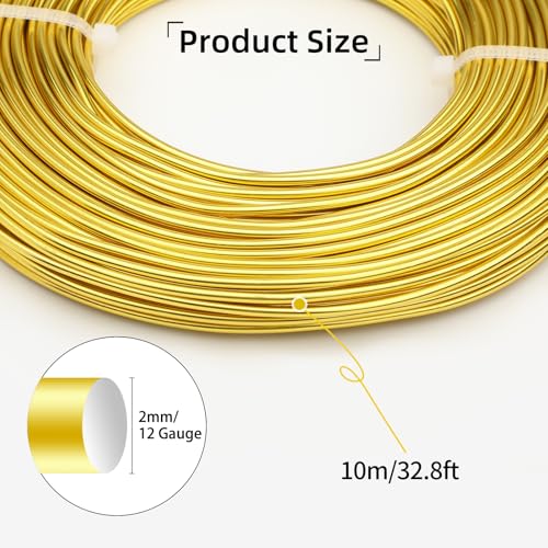 12 Gauge Aluminum Craft Wire for Jewelry Making, 32.8FT Bendable Metal Wirefor Bonsai Armature(Gold) - color: Gold