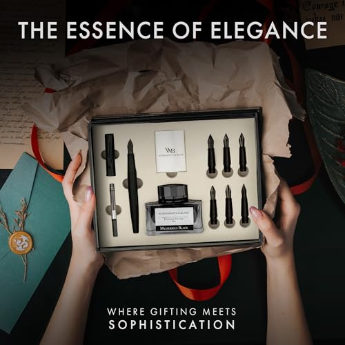 Wordsworth & Black Luxury Calligraphy Pen Set for Writing, 6 Nibs,All Black | Fountain Ink Bottle, Cartridges & Refill Converter, Refillable, Black, High End Gift for Men & Women, Journaling & Lettering - color: All Black