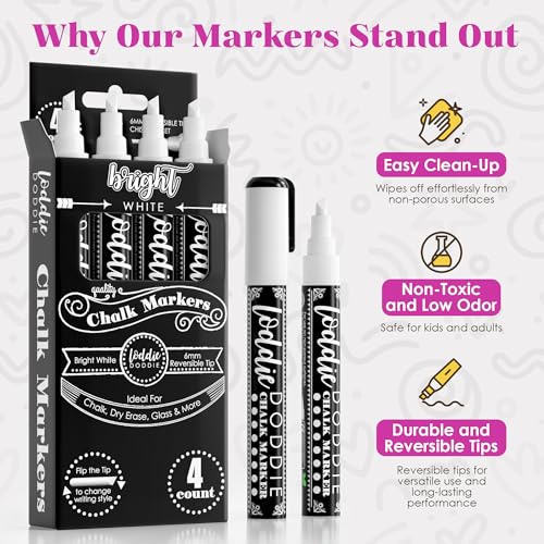 Loddie Doddie Liquid Chalk Markers, Chalk Markers for Glass, White, 4 Pack - size: 4 Count (Pack of 1)
