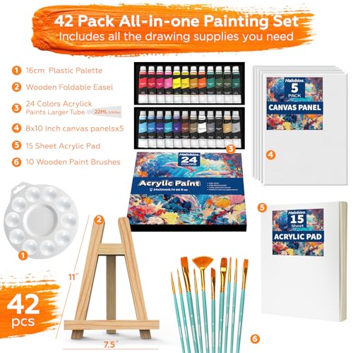 Acrylic Paint Set, Art Painting Supplies Kit with 24 Colors Acrylic Paints (22ML),Wooden Table Easel,Canvas,Painting Pads,10 Paint Brushes & Etc for Students, Artists and Beginner