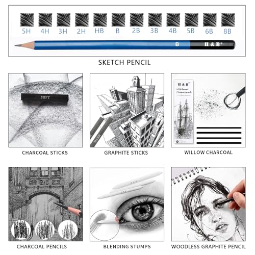 H & B 36 Pack Drawing Set Sketch Kit,Sketching Supplies with 2 sketch pad, Graphite Pencils, Charcoal Sticks, Eraser, Pro Art Drawing Kit for Artists Beginner Adults, Ideal for Shading, Blending - size: 36 Piece Set
