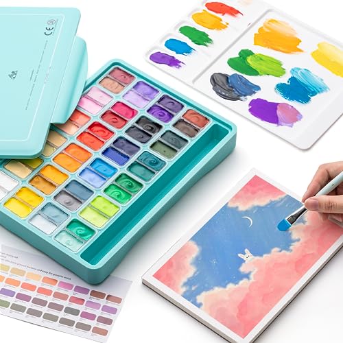 HIMI Twin Cup Jelly Gouache Paint Set with 3 Paint Brushes, 48 Colors 12g, Jelly Cup Design, Non Toxic Paint for Canvas and Paper, Art Supplies for Professionals (Green Case) - color: 48 colors