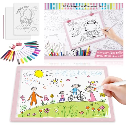 LED Drawing Tablet Kits Pink - 15" Light Board for Diamond Painting | Best Birthday, Holiday Gifts Toy for Kids Girls 3,4,5,6,7,8,9,10,11,12 Year Old, Back to School Art Travel Essentials - style: 15" Kit Pink (Rechargeable)