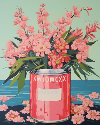 Paint by Number Pink Flowers in a Pink Tin DIY Cute Painting on Canvas with Brushes Acrylic Paints Floral Green Leaves Paint by Numbers for Adults and Kids Student Beginner 16x20 Inch(DIY Frame) - color: Floral in Tin 01, size: 16''x20''(DIY Frame)