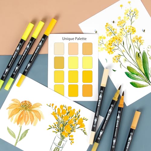 ZSCM QUALITY DECIDES THE FUTURE Yellow Duo Tip Marker Pens, 12 Fine & Brush Tip Pen For Adult Coloring Books - color: 12 Yellow