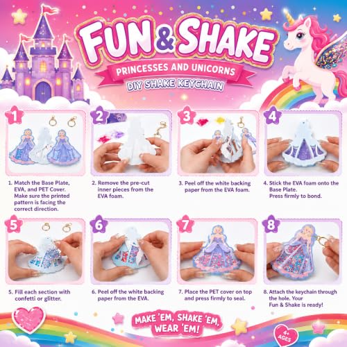 DIY Glitter Craft Kit with Keychains - Mess-Free Arts and Crafts for Kids Ages 4-8, Fun Shake-It Activity, Creative Travel Toys, Party Favors & Birthday Gifts for Girls 4-9 - color: pink