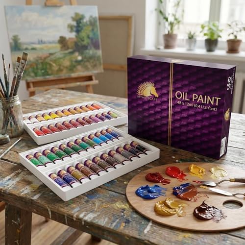 MyArtscape Oil Paint Set - 48 x 12ml Artist Oil Paint Tubes | Rich pigment oil paint set with smooth blending glossy finish and excellent coverage for canvas painting