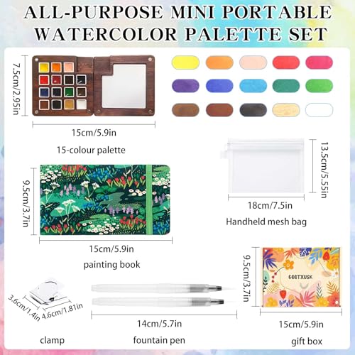 Mini Watercolor Paint Set - 15 Color Travel Watercolor Kit, Pocket Watercolor Paint Palette Set with Watercolor Book, Binder Clips, Pens, Storage Bag, Wooden Paint Box for Painters Artists Student - color: Flowering grass