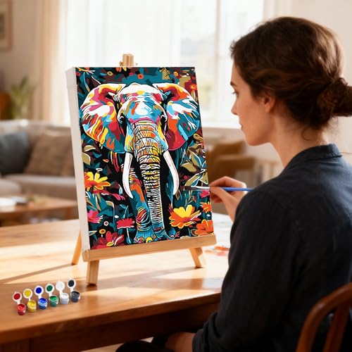 MXJSUA Colorful Floral Elephant Paint by Numbers Kit with Frame for Adults, Animal Easy Beginners Paint by Number on Canvas with Easel, Acrylic Number Painting Craft Gifts for Home Decor, 8x12 inch - color: Colorful Floral Elephant