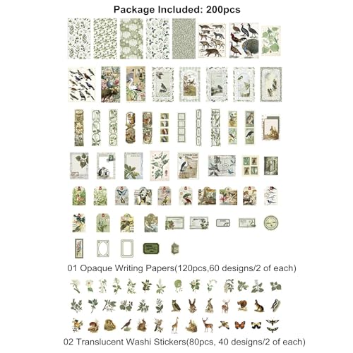 Esweny 200PCS Vintage Scrapbooking Supplies Pack, Aesthetic Scrapbook Sticker Paper Art Journaling Kit for Junk Journals,Planner,Cottagecore Decor Gifts (Green Series) - color: Green Series