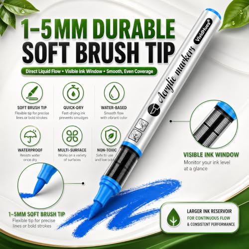 120 Colors Soft Brush Tip Acrylic Paint Markers, for Rock Wood Glass Canvas | 1-5mm Acrylic Brush Markers, Water-based Non-toxic Ink Quick-Dry acrylic markers set, for Rock Wood Fabric Egg & DIY Crafts
