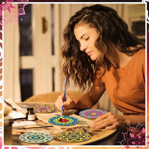 Reallnaive 8 Pcs Mandala Paint by Numbers Kit for Adults Wooden Coasters | Mini Floral Paint by Numbers, Tiny Flower Round Oil Painting Drink Coaster with Holder, for Small DIY Craft Birthday Gift - style: Mandala
