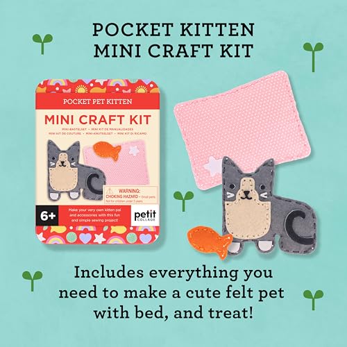 Petit Collage: Mini Craft Kit: Pocket Pet Kitten - Portable Felt Sewing Kit with Precut Pieces, Thread, Stuffing, Child‑Safe Needle & Tin – Screen‑Free Fine Motor Toy for Ages 6+ - color: Kitten