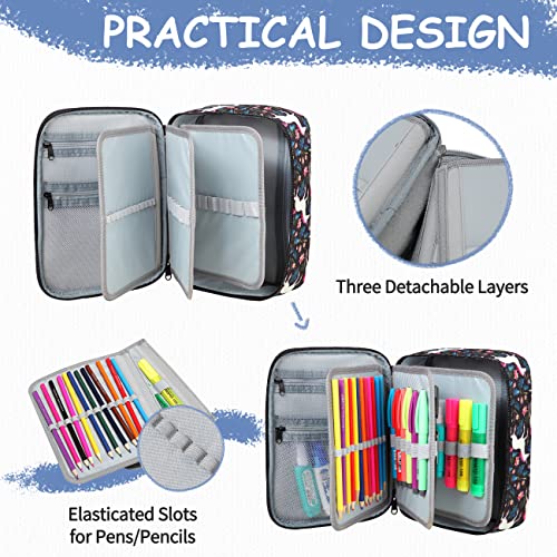 VASCHY Large Pencil Case, Art Color Pencils Pouch with Detachable Layers Multiple Zip Pockets for School Office Stationary Organization Black Unicorn - color: Black Unicorn