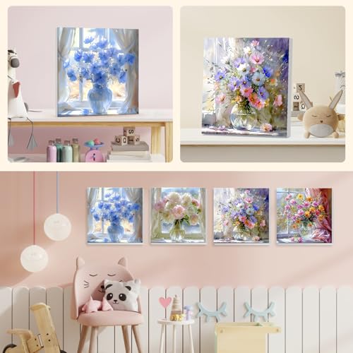NEWENMO 4 Pack Paint by Numbers for Adults with Wooden Framed, Wildflowers in Vase, Paint by Number Kits on Canvas for Beginner, DIY Acrylic Oil Painting Kits for Home Decor 8x8 inch, Colorful Flowers - color: pink-flower