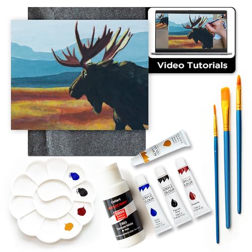 DIY Painting Class Kits for Adults with Video Tutorials, Learn to Paint Moose, How to Paint with Acrylic Paint Sets for Adult, 9 Peices Art & Painting Supplies Gifts for Mom - color: Moose