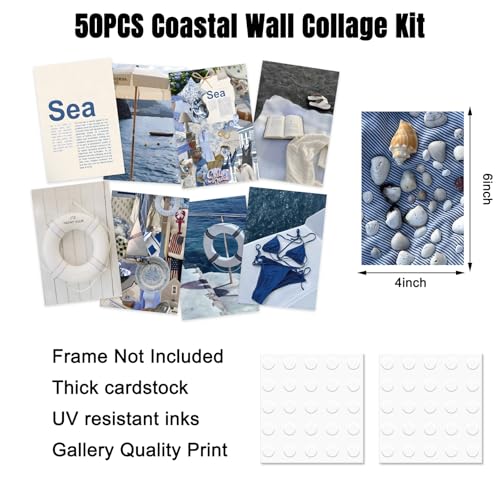 FYSUIMU 50Pcs Coastal Wall Collage Kit Art Print Aesthetic Blue Coastal Beach Surf Wall Decor for Bedroom Dorm Preppy Room Home Decor, 4 x 6 Inch - color: Blue Coastal