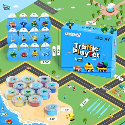 Aestd-ST Air Dry Clay Kit -Traffic Theme, Modeling Clay for Kids | DIY Magic Clay with Sculpting Tools and Tutorials, 12 Boxes Molding Clay, Soft & Non-Sticky, Arts and Crafts Gift for Kids - color: Traffic Playset