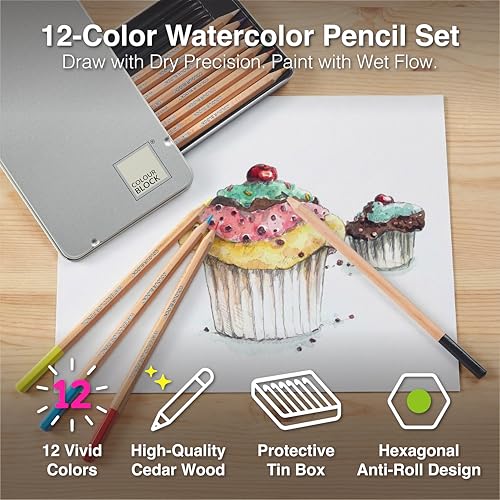 COLOUR BLOCK 12 Color, Watercolor Pencils,Art Supplies,Professionals- Hexagonal Handles and Quality Lead, Drawing Pencils Ideal for Details,Aluminum Box
