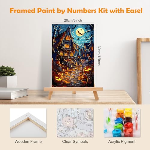 MOGTAA Halloween Paint by Numbers Kit for Adults Beginners with Frame, Pumpkin Castle Adult Paint by Number Kits on Canvas with Easel, Easy DIY Oil Painting Kits for Home Decor, 8x12in - color: Halloween2