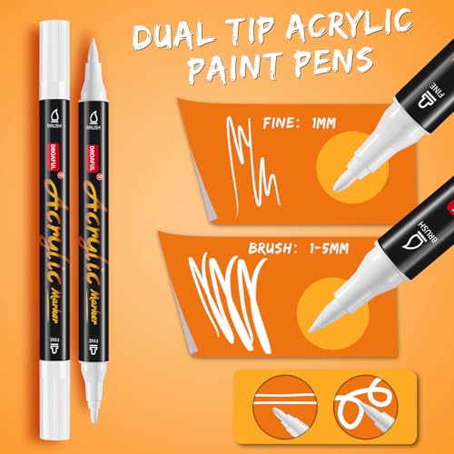 6 Pc White Acrylic Paint Pens Markers, Dual Tips Waterproof Paint Markers | For Rock Painting, Fabric, Metal, Glass, Wood, Canvas, Ceramic, Pumpkins, Eggs, Plastic, Non-Toxic & Odor - color: Brush Fine 6 White