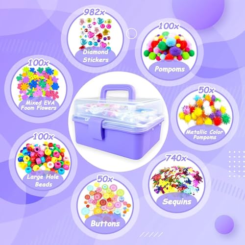 3000 Arts and Crafts Supplies for Kids Craft Kit All in 3 Layered Craft Box with Pipe Cleaners Crafts for Kids Age 4-6, 6-8, 8-12 DIY School Supplies Materials Set Toys Gifts for Girls Boys, Purple - color: purple