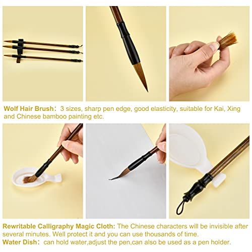 PH PandaHall 14pcs No Ink Chinese Calligraphy Set, Reusable Water Writing Cloth Paper, Chinese Traditional Calligraphy Brushes and Water Dish for Beginners Practice Chinese New Year, 17x13 Inch - color: White