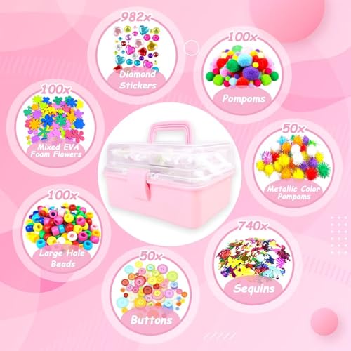 3000 Arts and Crafts Supplies for Kids Craft Kit All in 3 Layered Craft Box with Pipe Cleaners Crafts for Kids Age 4-6, 6-8, 8-12 DIY School Supplies Materials Set Toys Gifts for Girls Boys, Pink - color: pink