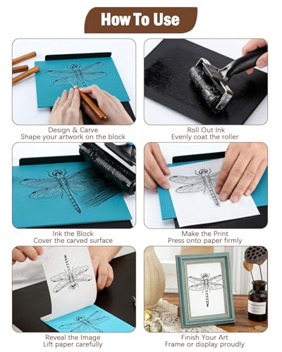 UCEC 38Pcs Linocut Kit with 12 Carving Tools, Brayer, Baren & Lino Blocks | Complete Block Printing Starter Set for Beginners, Includes 12 Wood Handle Carving Tools, A5 Linoleum Blocks, Brayer & Baren - color: Block Printing Kit-38 Pack