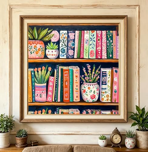 Bookshelf Diamond Painting Kits for Adults, 5D Diamond Art Painting by Numbers Kits Diamond Art Kits for Adult Full Round Drill Diamond Painting Kit for Adults for Home Wall Decor, 14x14 inch - color: QCL26032