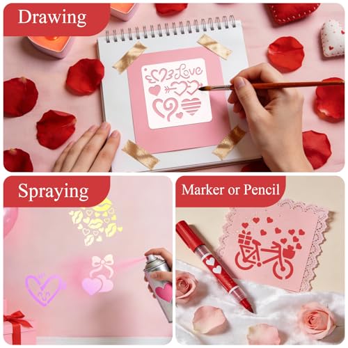 72 PCS 3x3 Inch Valentine‘s Day Stencils for Painting - Love red HeartKiss red RoseCupid's Arrow Reusable Valentine's Painting Templates on Wood, Glass, Fabric, Window Door Decor DIY Decoration - style: 72 PCS Valentine‘s Day