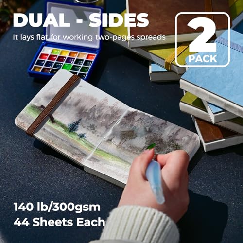 Funto Watercolor Journal 2-Pack, 3.9x3.9, 44 Pages Each,Cold-Pressed 100% Cotton,PU Leather Blue Hard Cover, Art Supplies for Mixed Media - color: Blue, size: 3.9x3.9