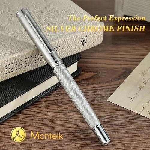 MCNTEIK Silver Rollerball Pen, Stunning Luxury Pen with Mesh Texture Design, Bright Silver Chrome Finish, Schmidt refill, Nice Gift Set for Men & Women, Executive, Office, Graduation, Fancy Pens - color: Silver