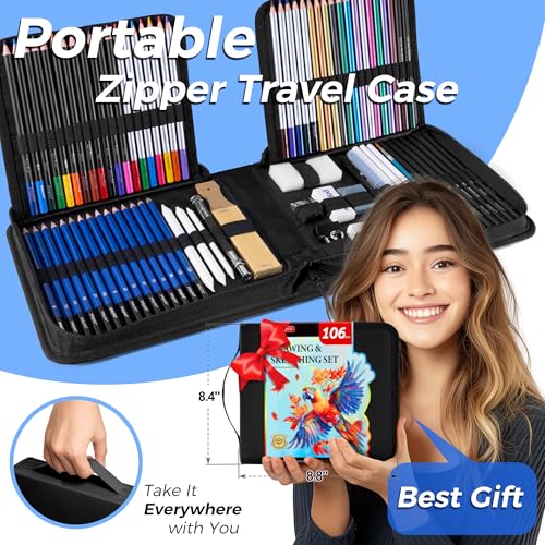 106 Pack Drawing Set Sketching Kit, Pro Art Supplies Sketch Pencils Set | with 3-Color Sketchbook, Coloring Book, Tutorial, Graphite Colored Charcoal Watercolor & Metallic Pencils - color: Black, size: 106 Pack