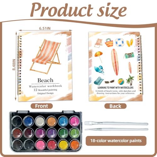 Watercolor Workbook, Water Coloring Book, 12 Different Patterns of Original DIY Designs, 18 Colors Watercolor Set, Beginner-Friendly Watercolor Workbooks (Beach), Perfect Gifts for Adults - color: beach