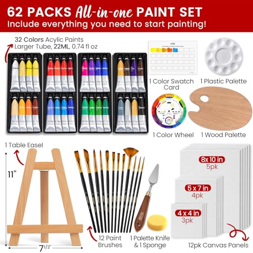 ARTALLY Acrylic Paint Set for Adults & Kids, 62 Pcs Canvas Painting Kits, 32 Colors Acrylic Paint (22ML),Table Easel,Brushes,Canvas, Art Painting Supplies Kit for Students,Artists,Beginners - size: 62 Piece Set