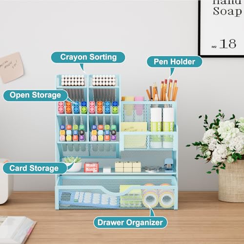Marbrasse Mesh Pen Holder for Desk, Multi-Functional Pencil Organizer with Drawer, Desk Organizers and Accessories for Office Art Supplies (Blue) - color: Blue