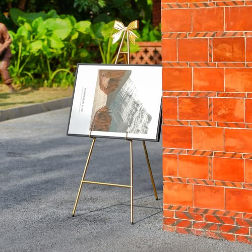 53”H Metal Gold Easel Stand for Sign Heavy Duty with Bow Top | Large Adjustable Display Standing for Wedding Displaying Pictures Poster Holder Showcasing - color: Golden bow top